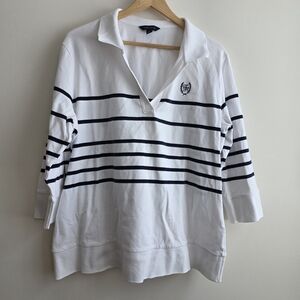 Tommy Hilfiger Long Sleeve Shirt 2X LRG White Navy Stripe Polo Preppy Fisherman